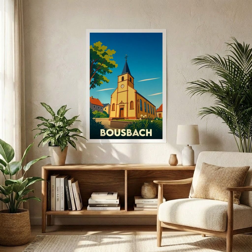 Affiche souvenir de la ville de Bousbach représentant son église dans un style graphique rétro et coloré.