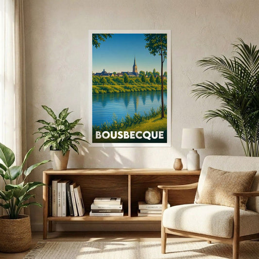 Affiche souvenir de la ville de Bousbecque avec une illustration stylisée du bord de l'eau et de son église.