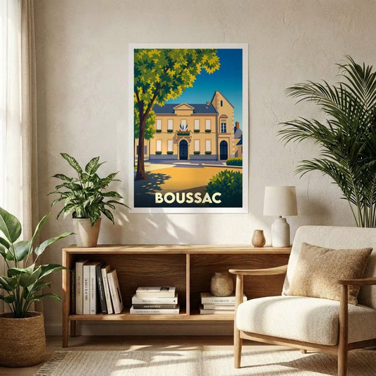 Affiche souvenir de la ville de Boussac avec une illustration stylisée d'un bâtiment historique sous un arbre.