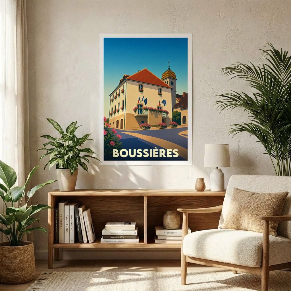 Affiche souvenir de la ville de Boussières avec une illustration stylisée et colorée de son architecture.