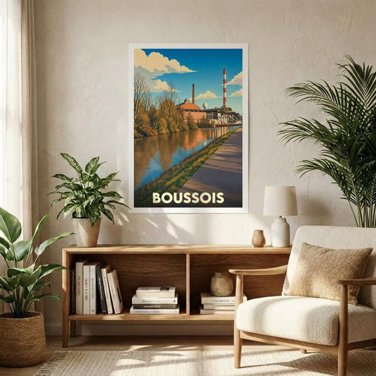 Affiche souvenir de la ville de Boussois représentant son paysage industriel et fluvial dans un style vintage.