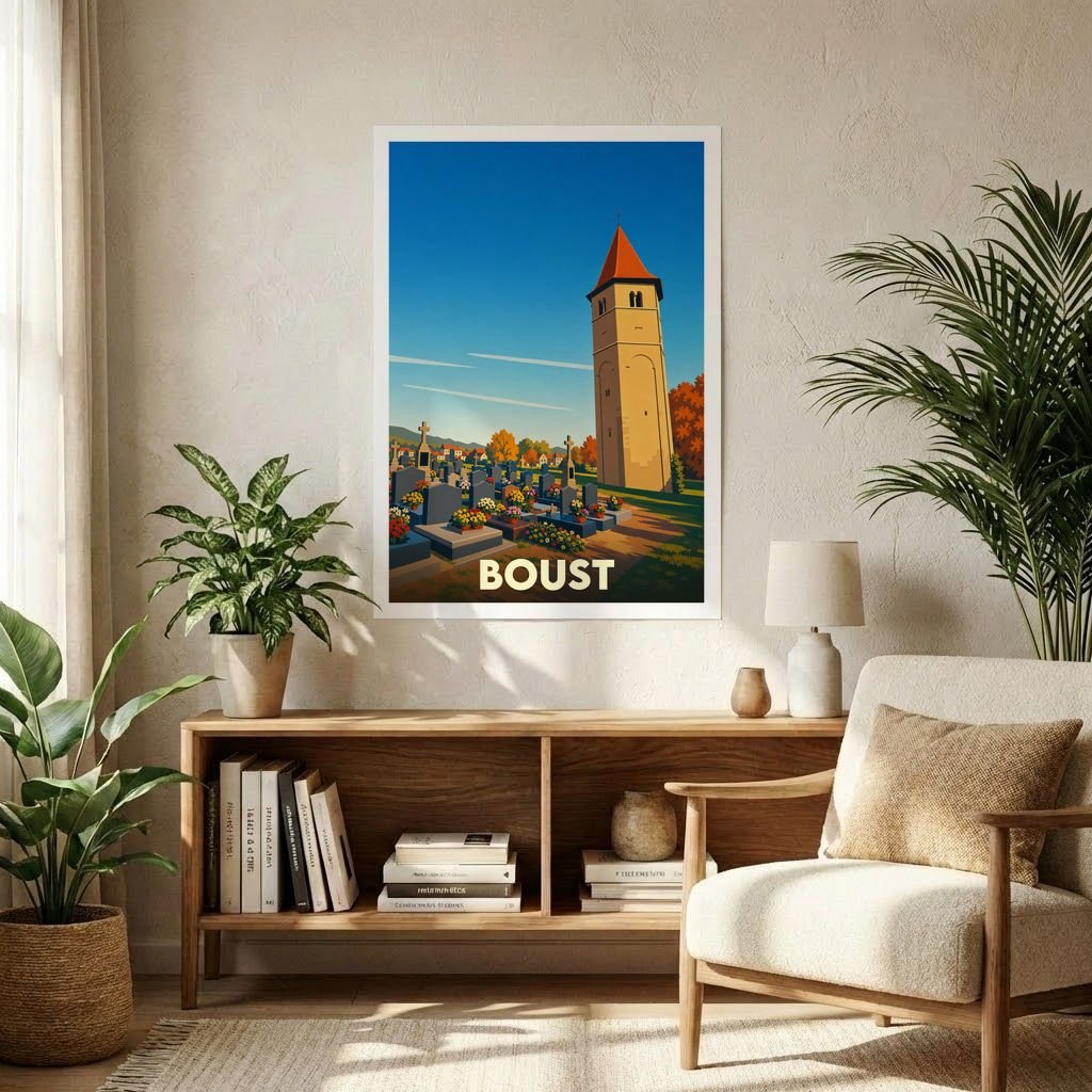 Affiche souvenir de la ville de Boust présentant une illustration stylisée de son église et de son cimetière fleuri.