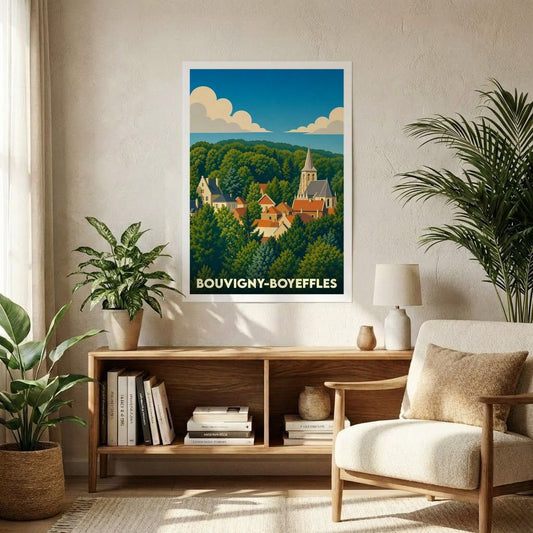 Affiche souvenir de la ville de Bouvigny-Boyeffles avec une illustration stylisée de son paysage urbain niché dans la verdure.