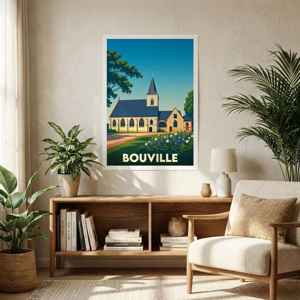 Affiche souvenir de la ville de Bouville illustrant son église dans un style graphique épuré.