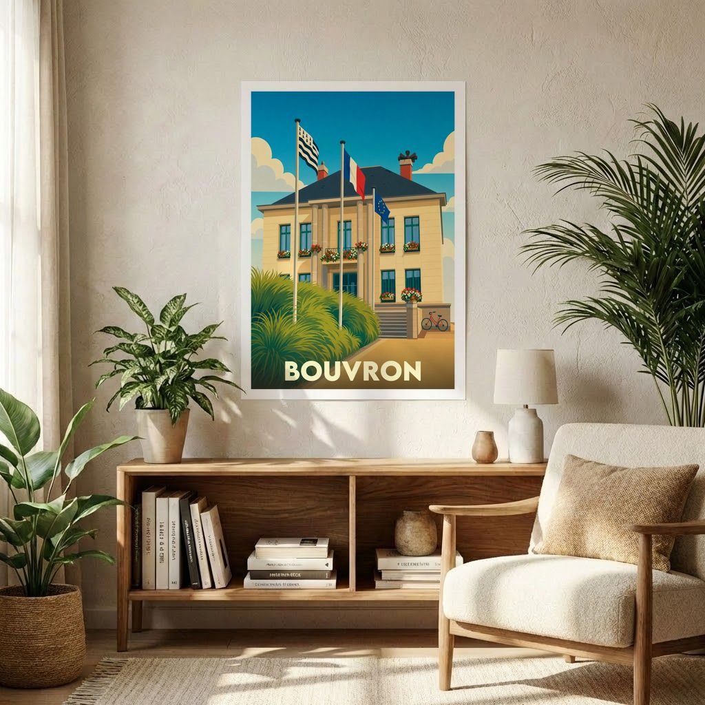 Affiche souvenir de la ville de Bouvron illustrant son hôtel de ville de manière stylisée.