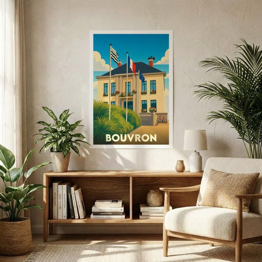 Affiche souvenir de la ville de Bouvron illustrant son hôtel de ville de manière stylisée.