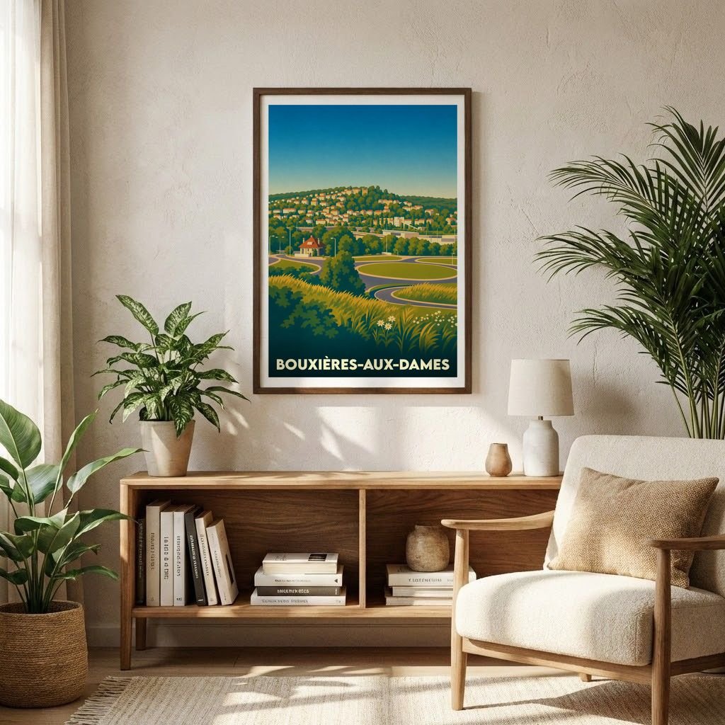 Affiche souvenir de la ville de Bouxières-aux-Dames avec une illustration paysagère stylisée.