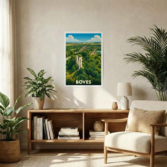 Affiche souvenir de la ville de Boves présentant une illustration stylisée de ses ruines médiévales et de ses paysages verdoyants.