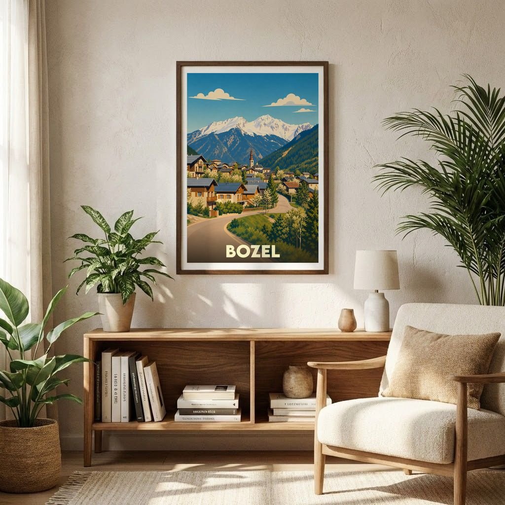 Affiche souvenir de la ville de Bozel avec une illustration stylisée de ses paysages montagneux.