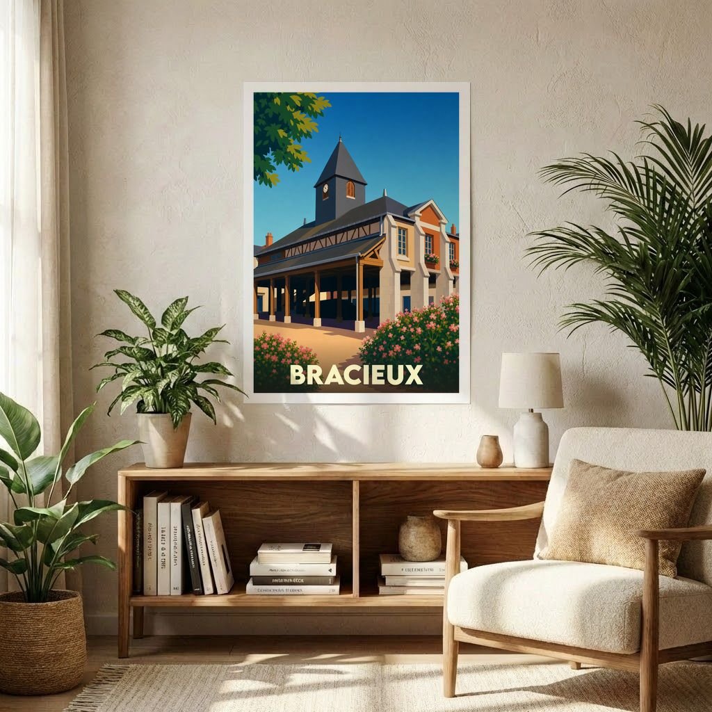 Affiche souvenir de la ville de Bracieux avec une illustration stylisée de ses halles historiques.