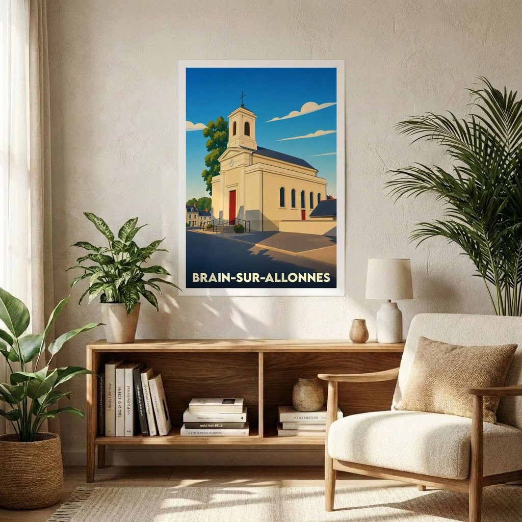 Affiche souvenir de la ville de Brain-sur-Allonnes avec une illustration stylisée de son église.
