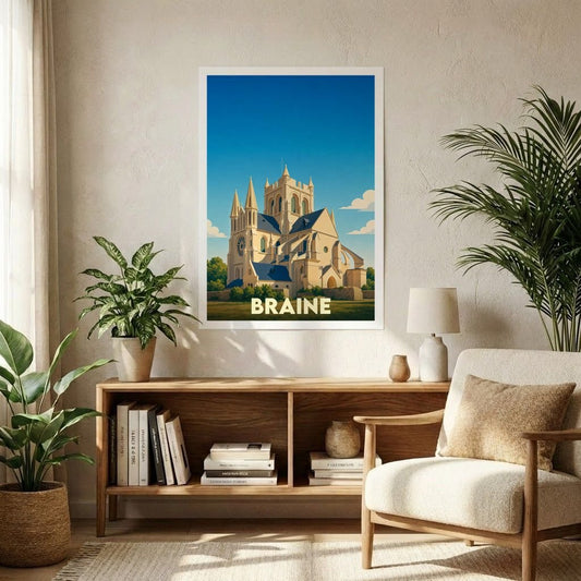 Affiche souvenir de la ville de Braine illustrant son église abbatiale dans un style graphique épuré.