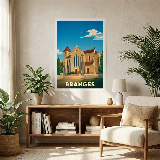 Affiche souvenir grand format de la ville de Branges présentant une illustration stylisée de son église sous un ciel bleu.