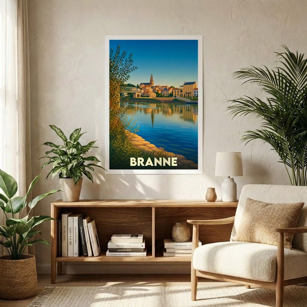 Affiche souvenir de la ville de Branne illustrant ses bords de rivière avec un style graphique épuré.