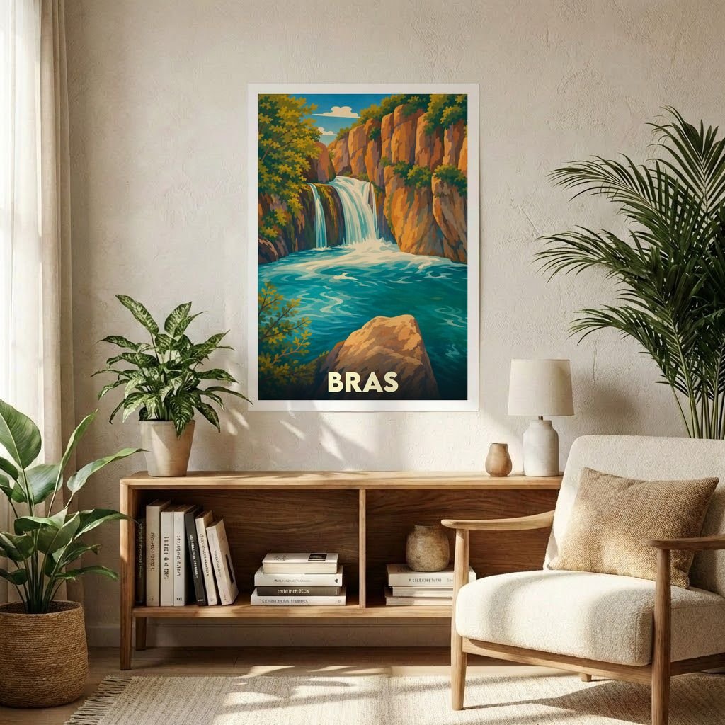 Affiche souvenir de la ville de Bras avec une illustration stylisée d'une cascade.