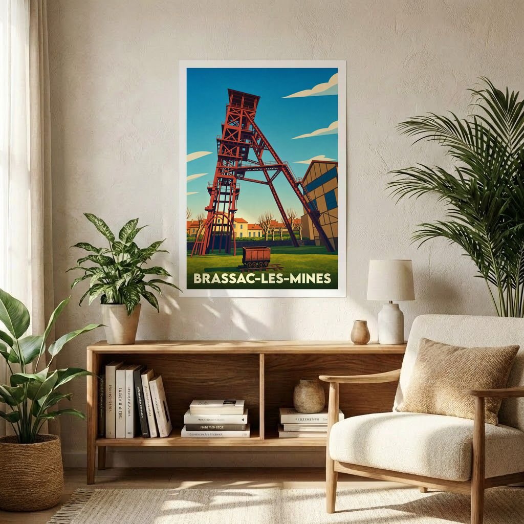 Affiche souvenir de la ville de Brassac-les-Mines avec une illustration stylisée d'un chevalement de mine.