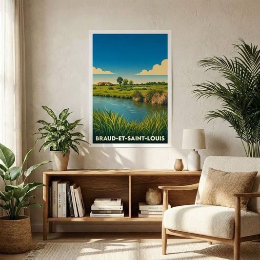 Affiche souvenir de la ville de Braud-et-Saint-Louis avec une illustration stylisée de son paysage naturel.