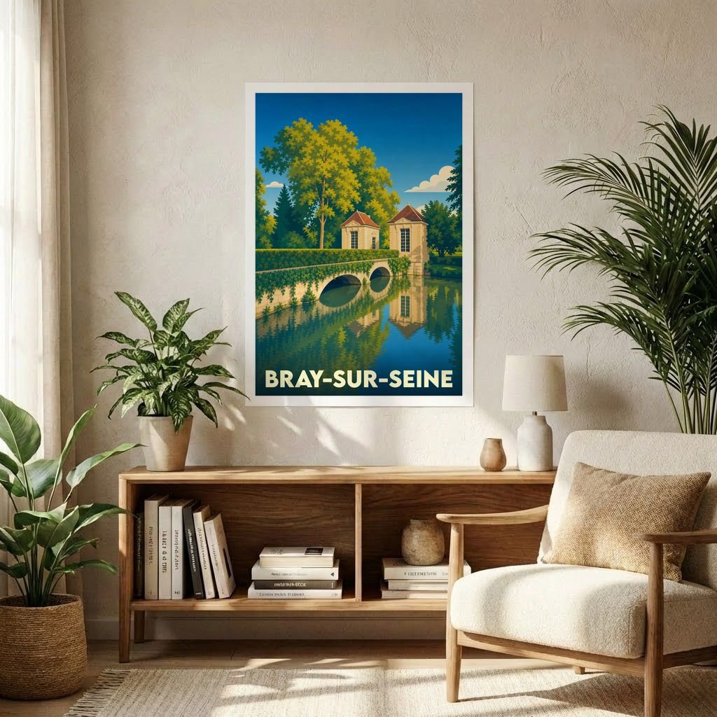 Affiche souvenir de la ville de Bray-sur-Seine avec une illustration stylisée représentant un pont et son reflet dans l'eau.