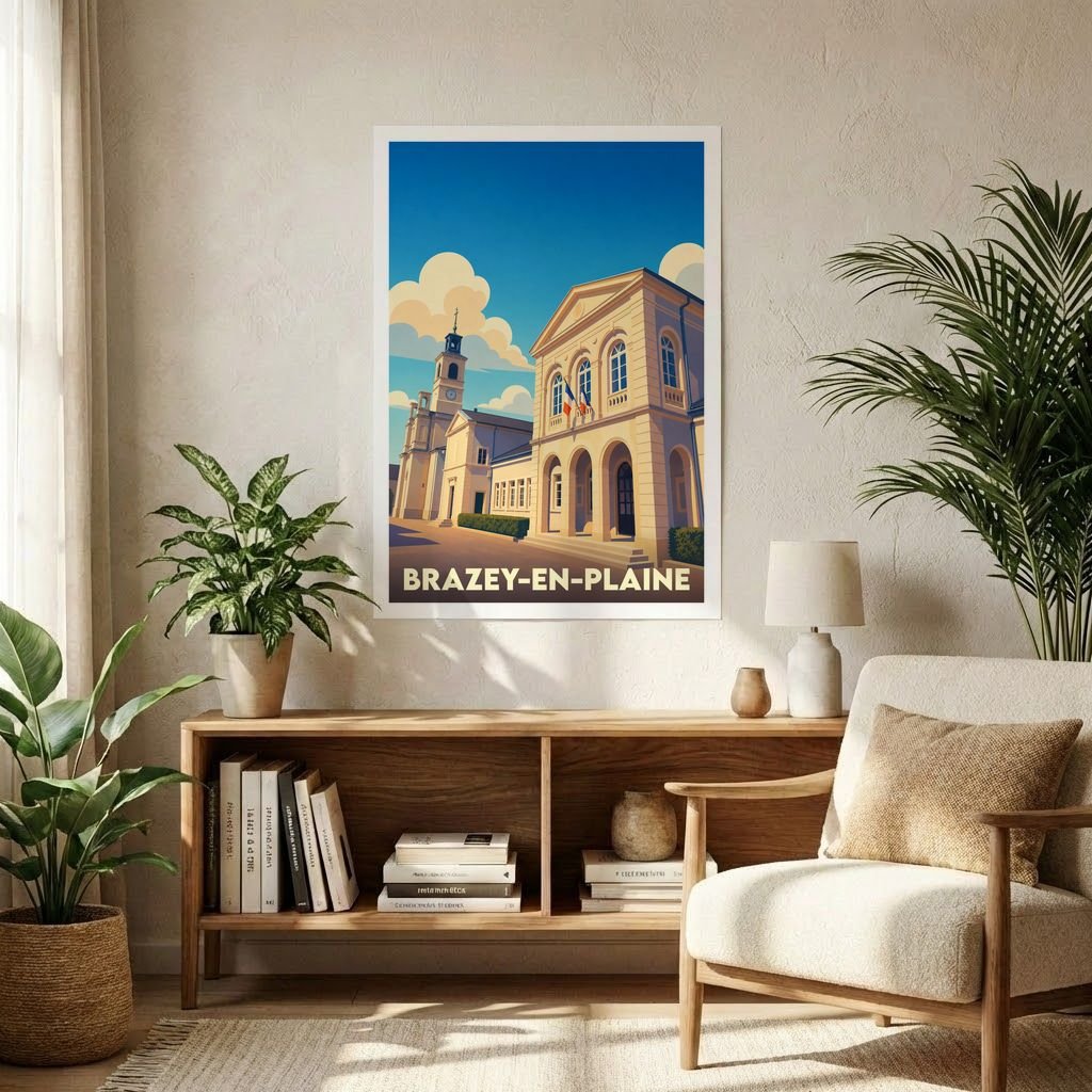 Affiche souvenir de la ville de Brazey-en-Plaine avec une illustration stylisée de son architecture emblématique.