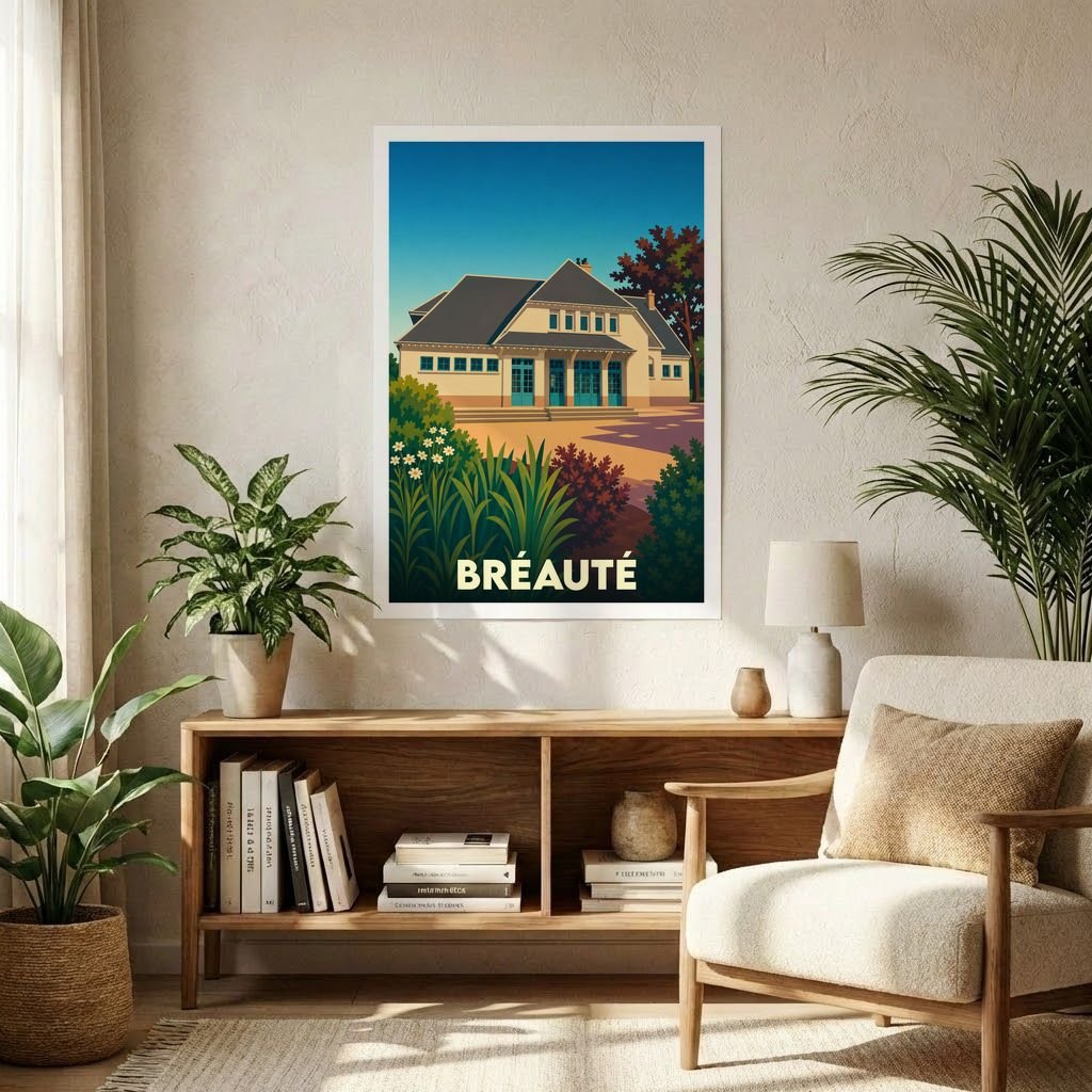 Affiche souvenir de la ville de Bréauté avec une illustration stylisée d'une maison entourée de végétation.