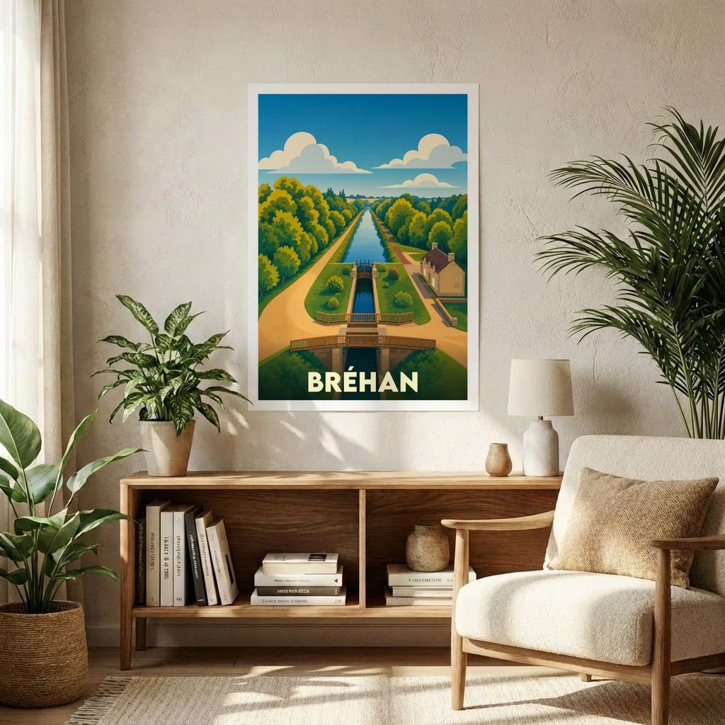 Affiche souvenir de la ville de Bréhan illustrant un canal et une écluse dans un style graphique épuré.