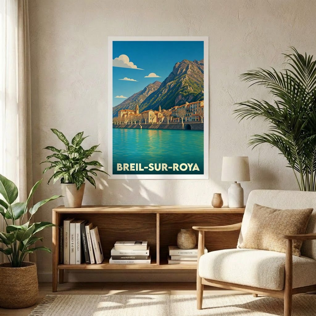 Affiche souvenir de la ville de Breil-sur-Roya avec une illustration stylisée d'un paysage montagneux bordant l'eau.