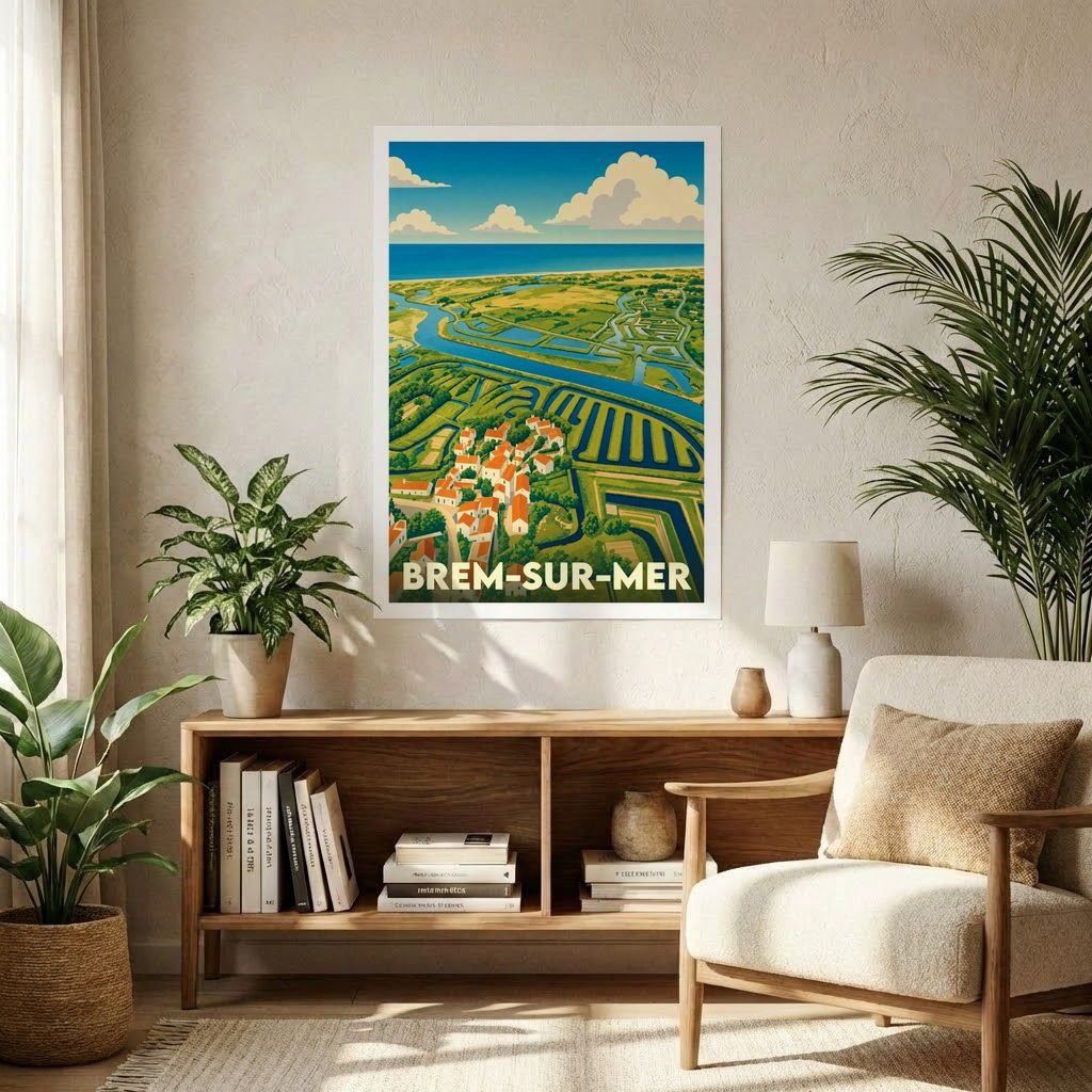 Affiche souvenir de la ville de Brem-sur-Mer avec une illustration stylisée vue du ciel.