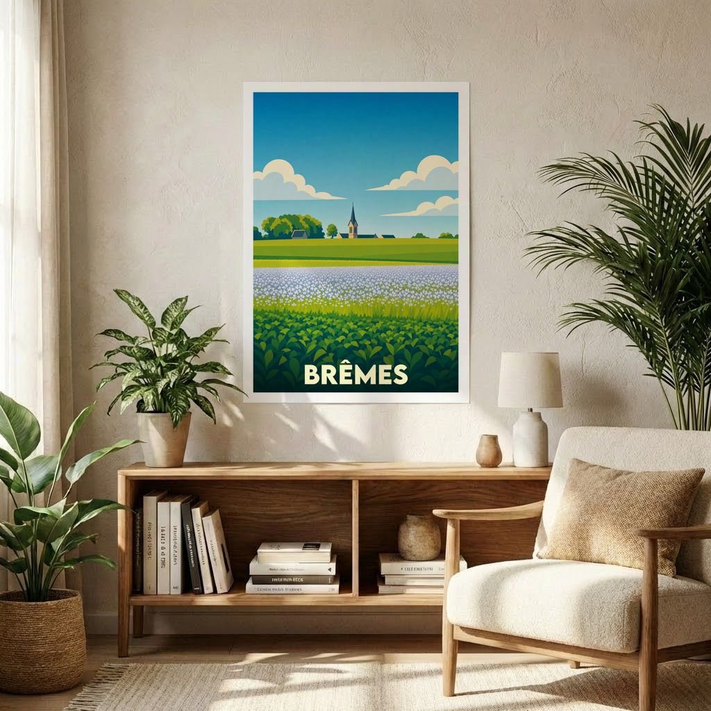 Affiche souvenir de la ville de Brêmes avec une illustration paysagère stylisée.