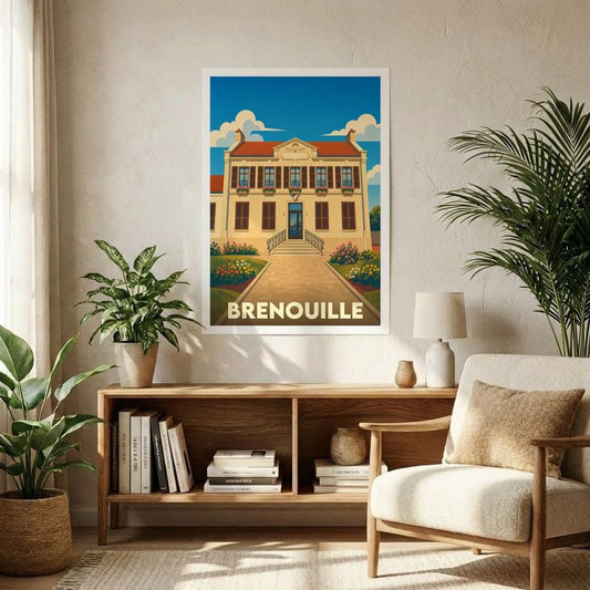 Affiche souvenir de la ville de Brenouille présentant une illustration stylisée de sa mairie sous un ciel bleu.