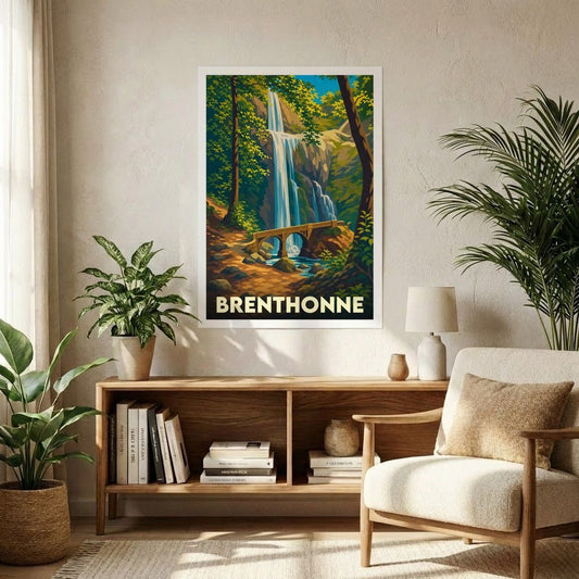 Affiche souvenir de la ville de Brenthonne avec une illustration stylisée de cascade et de forêt.