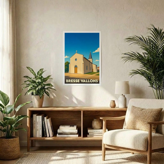 Affiche souvenir de la ville de Bresse Vallons avec une illustration stylisée de son église.