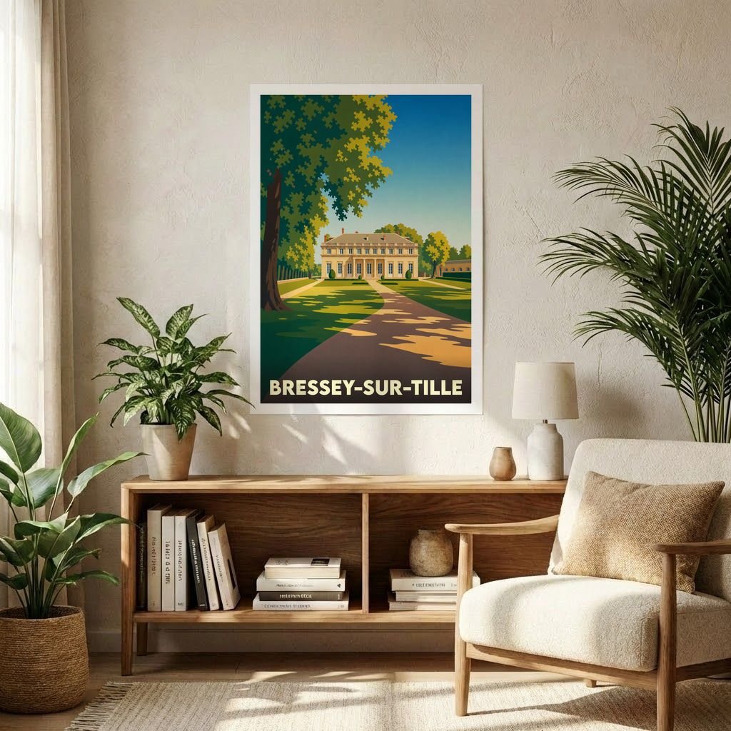 Affiche souvenir de la ville de Bressey-sur-Tille avec une illustration stylisée du château et de son parc.