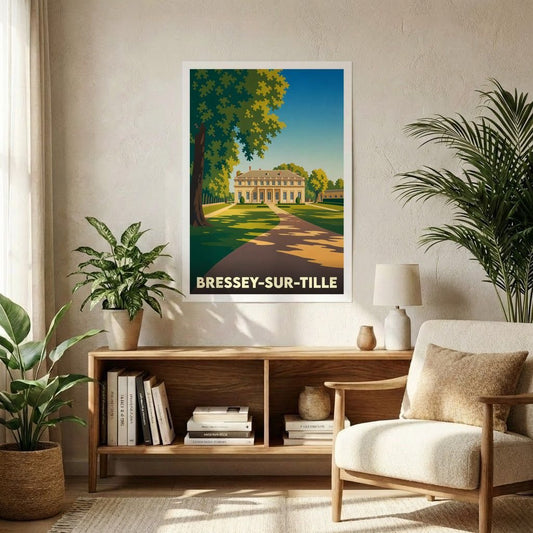 Affiche souvenir de la ville de Bressey-sur-Tille avec une illustration stylisée du château et de son parc.