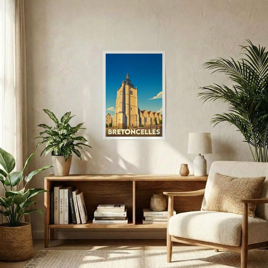 Affiche souvenir de la ville de Bretoncelles avec une illustration stylisée de son église sous un ciel bleu.