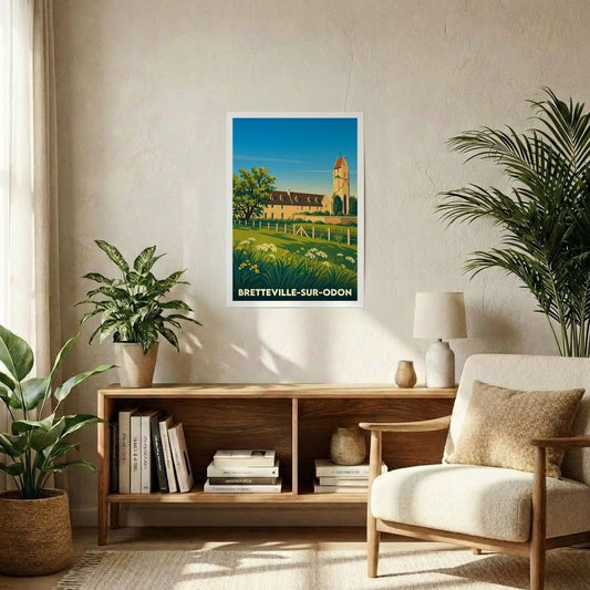 Affiche souvenir de la ville de Bretteville-sur-Odon avec une illustration stylisée d'un paysage normand.