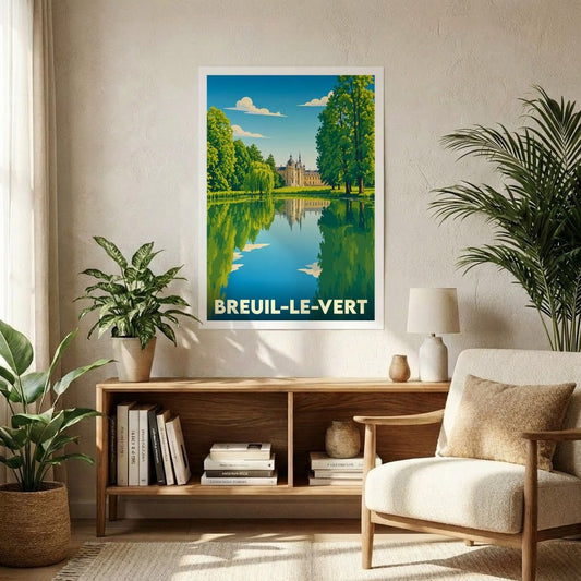 Affiche souvenir de la ville de Breuil-le-Vert avec une illustration stylisée d'un château se reflétant dans l'eau.