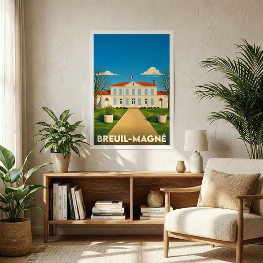 Affiche souvenir de la ville de Breuil-Magné avec une illustration stylisée de sa mairie.