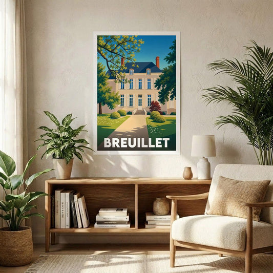Affiche souvenir de la ville de Breuillet avec une illustration stylisée d'une demeure élégante dans un parc arboré.