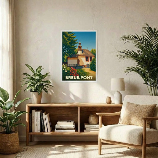 Affiche souvenir de la ville de Breuilpont présentant une illustration stylisée d'une petite église sous un ciel bleu.