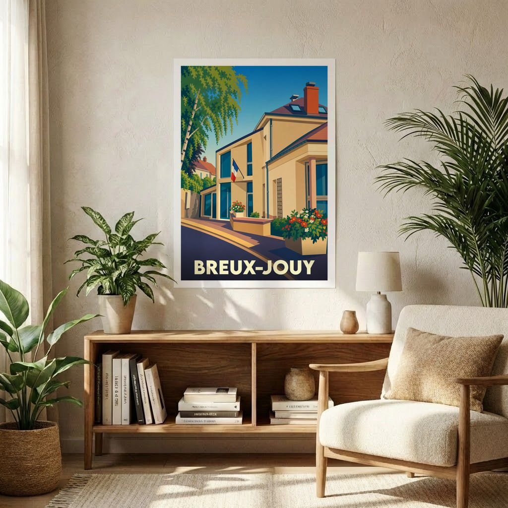 Affiche souvenir de la ville de Breux-Jouy avec une illustration stylisée d'un bâtiment municipal.