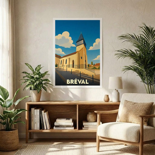 Affiche souvenir de la ville de Bréval avec une illustration stylisée de son église sous un ciel azur.