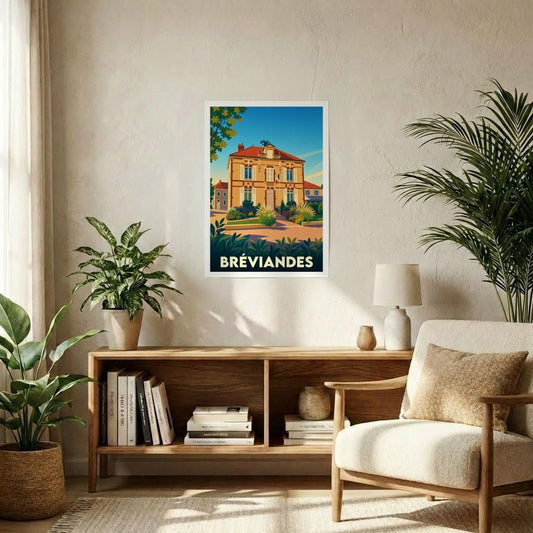 Affiche souvenir de la ville de Bréviandes avec une illustration stylisée de sa mairie.