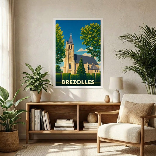 Affiche souvenir de la ville de Brezolles présentant une illustration stylisée de son église entourée de verdure.
