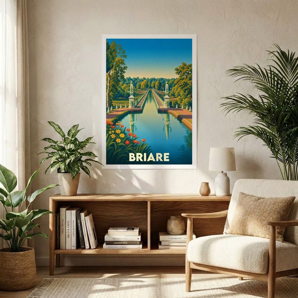 Affiche souvenir de la ville de Briare avec une illustration stylisée de son célèbre pont-canal.