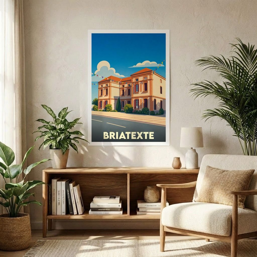 Affiche souvenir de la ville de Briatexte présentant une illustration stylisée d'un bâtiment emblématique sous un ciel azur.