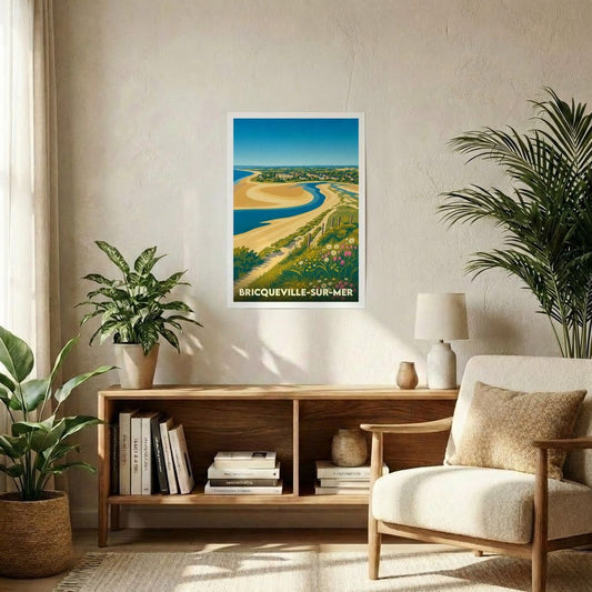 Affiche souvenir de la ville de Bricqueville-sur-Mer avec une illustration stylisée de son paysage côtier.