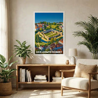 Affiche souvenir de la ville de Brie-Comte-Robert avec une illustration stylisée représentant son château et ses environs.