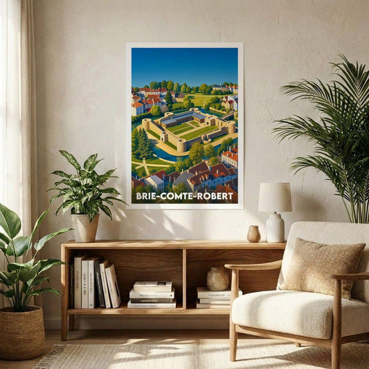 Affiche souvenir de la ville de Brie-Comte-Robert avec une illustration stylisée représentant son château et ses environs.