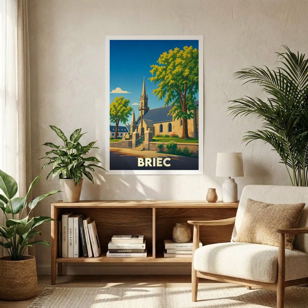 Affiche souvenir de la ville de Briec avec une illustration stylisée de son église sous un ciel bleu.