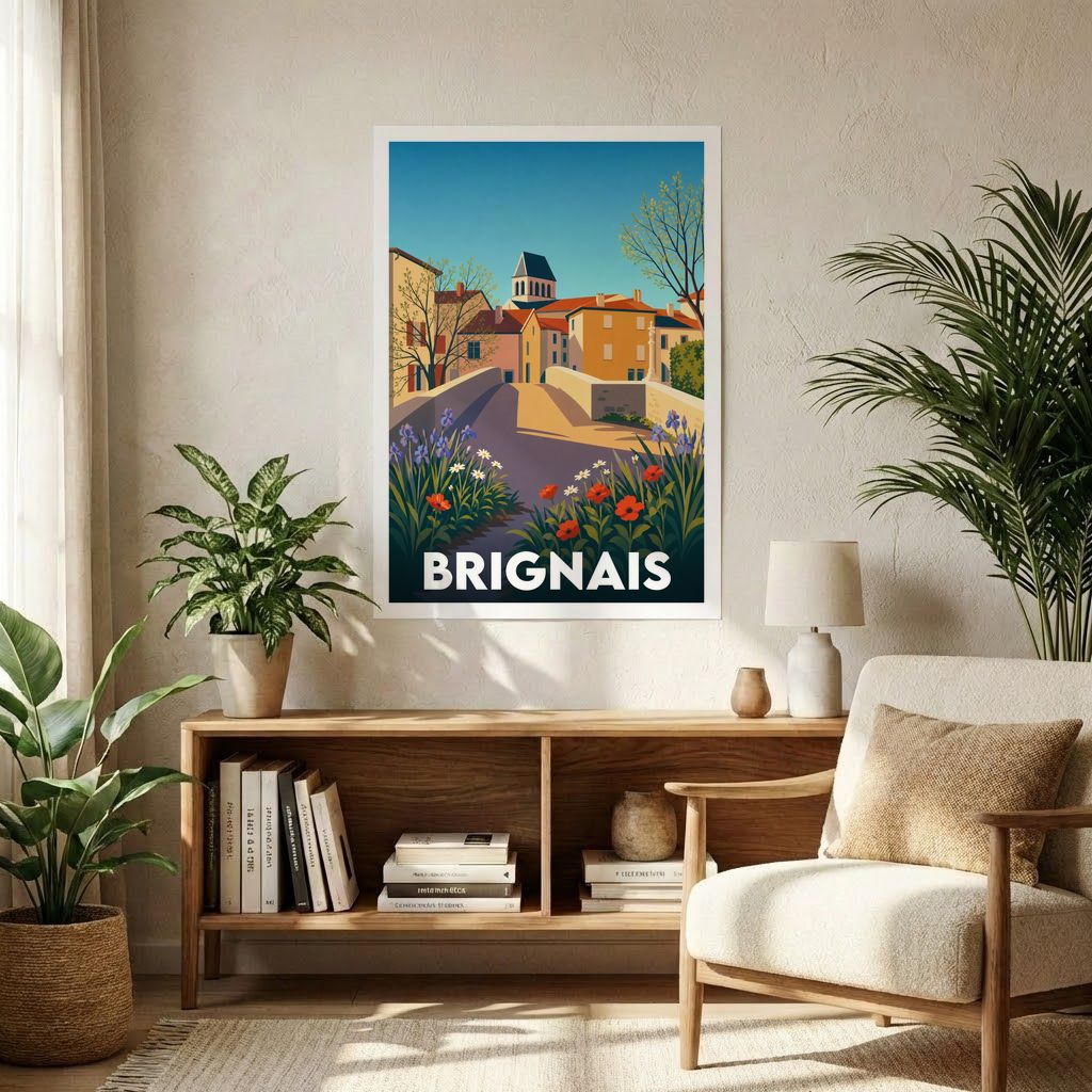 Affiche souvenir de la ville de Brignais avec une illustration stylisée de son paysage urbain et fleuri.
